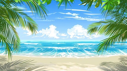 Fototapeta premium Tropical Beach Paradise, Perfect for travel agencies, resorts, and tourism sites. Features palm-fringed white sands against a vivid blue ocean backdrop. Generative AI.