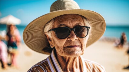Stylish old lady in a hat on the seashore.