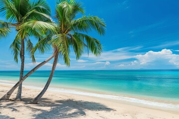 Obraz premium Tropical beach scene with palms and blue ocean. Perfect for travel agencies, resorts, and tourism websites. Features white sand and vibrant blue waters. Generative AI.
