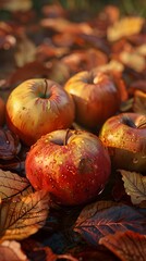 Decaying Apples on a Bed of Autumn Leaves: A Close-up Examination of Organic Decay and Nature's Vibrant Hues