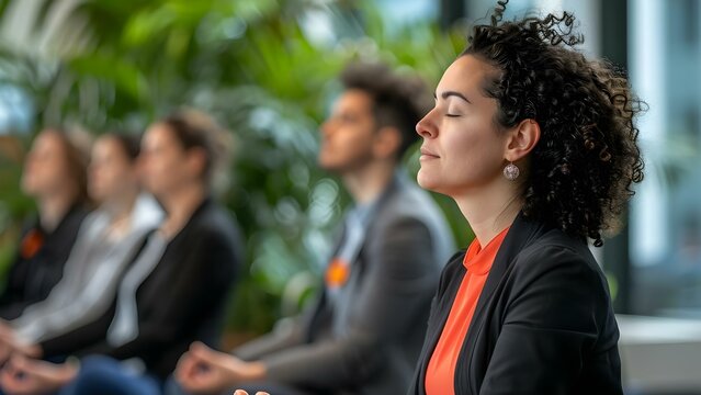Employees practicing mindfulness through meditation in corporate wellness program . Concept Corporate Wellness, Mindfulness, Meditation Practices, Employee Wellbeing, Work-Life Balance