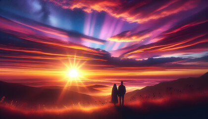 Golden Sunrise: A Couple Envisioning Serenity as Nature's Canvas Glows in Pink, Orange, and Purple (Photo Stock Concept)