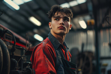 Obraz premium Young Mechanic in Workshop Setting. Portrait of a young male mechanic in a red overalls, thoughtfully looking away in a well-equipped automotive workshop.