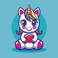 Cute kawaii unicorn holding red heart flat vector illustration