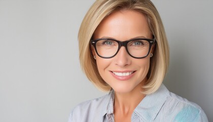 Fototapeta premium middle aged stylish woman wearing eyeglasses smiling isolated over light gray background