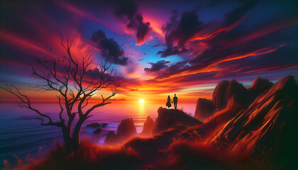 Photo real as Sunset Haven concept: Envision a couple finding solace and tranquility in a secluded haven as the sun dips below the horizon painting the sky with a palette of vibrant colors.