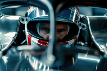 Naklejka premium The picture of the formula one or f1 racer wearing the helmet for protection, the racing driver is focusing on the race track, the racer require skill like the concentration and driving skill. AIG43.