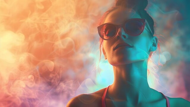 Woman in sunglasses practices yoga breathing exercise against abstract glowing background . Concept Yoga Poses, Breathing Exercises, Abstract Background, Sunglasses Fashion, Wellness Practices