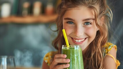 A cheerful girl with a bright smile sipping a green smoothie . Concept Colorful Props, Playful Poses, Joyful Portraits