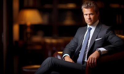 Well-dressed businessman exudes confidence and leadership while seated comfortably in a luxurious, dimly-lit office, portraying success, professionalism, and corporate prestige