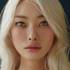 close up portrait of a asian blond young woman with green eyes