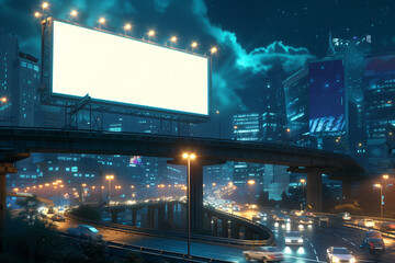 Blank billboard on the road at night with cityscape background