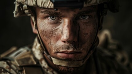 Obraz premium The close up picture of the military officer is working on the operation in the warfare or battlefield, the military require skill like endurance, training, physical strength and combat skill. AIG43.