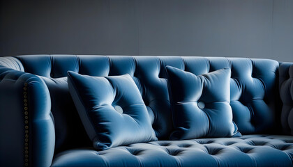 Obraz premium A blue velvet sofa with a gray cushion and sunken buttons, giving it a modern and luxurious look