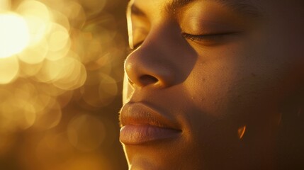 The close up picture captures the person practicing meditation, with eyes closed in a state of peace and tranquility, the meditation require skills like concentration and emotional regulation. AIG43.