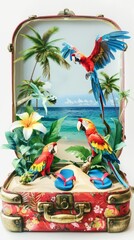 Fototapeta premium Open retro suitcase with seascape and sand, palm trees and parrots