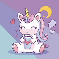 Cute unicorn holding coffee cup flat vector illustration