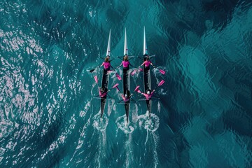 A group of individuals is paddling a boat in the vast ocean