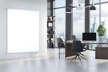  Modern light office with blank mock up banner on wall, shelves or library interior with workplace, window and city view. 3D Rendering. 