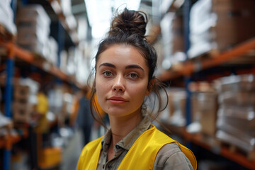Portrait of a beautiful young woman in a yellow jacket in a warehouse