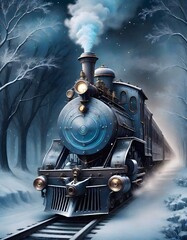 Blue steam locomotive traveling on tracks through a snowy landscape at night, with a plume of smoke, giving an ethereal glow against the dark sky, Generative AI.