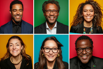 Portraits of happy multiethnic group of people over colorful background