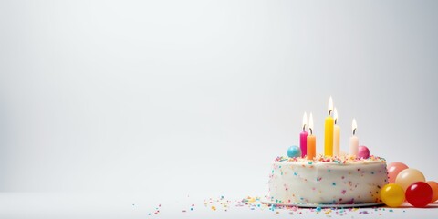 White background with birthday cake with candles pastel backdrop empty blank copyspace for design text photo website web banner backdrop texture 