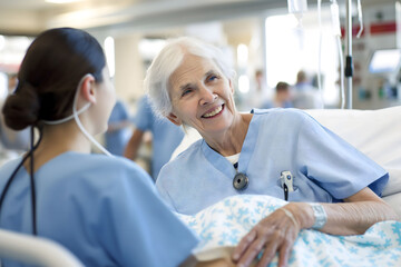 Nurse take care of old senior sick woman patient at hospital room. International Nurses Day concept.