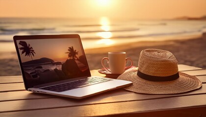 laptop is open on a table next to a straw hat and a cup of coffee, at sunny beach  - Powered by Adobe