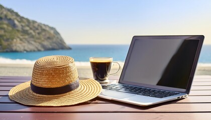 laptop is open on a table next to a straw hat and a cup of coffee, at sunny beach 