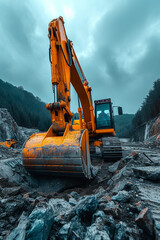 Industrial machinery operates at the excavation site, digging and shaping the ground for construction projects.
