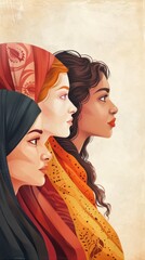 Profile view of young girls of different nationalities, ethnicities and skin colors, body care, multicultural young women, diversity and freedom and feminism concept, illustration