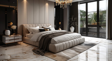  Photographer Chen Man's fashionable photography style features European highend bed with silk quilt, featuring deep gray and light brown colors, low saturation.
