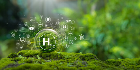 H2 concept on hydrogen energy innovation. Zero Emission Technology environmentally friendly industry and alternative energy in the future for the net zero goal. Green H2 icon on crystal globe