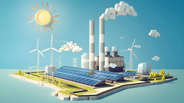 Solar Thermal Power Plant Diagram: Mirrors Focus Sunlight onto Receiver for Steam-Driven Turbine