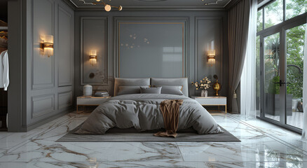 modern bedroom interior, gray marble floor with gold veins, large bed on the right side of the room. Created with Ai