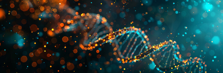 DNA double helix with glowing particles on dark background, turquoise and orange color scheme, highly detailed 