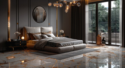 Modern bedroom interior, gray marble floor with gold veins, bed in the center of the room, large window and glass door on the right side. Created with Ai