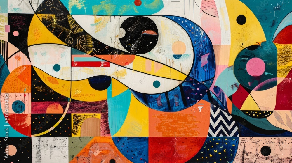 Poster a playful abstract composition featuring whimsical shapes and patterns.
