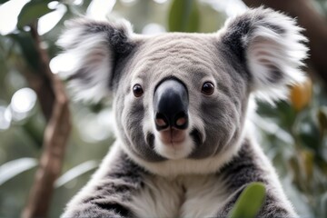 Fototapeta premium 'background portrait koala bear front male white view sitting cut-out young baby animal no people species themes cute australia wild adorable studio shot wildlife looking fur isolated on marsupial'