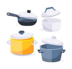 Pans pots and saucepans. Saucepans, frying pans. Kitchen pots