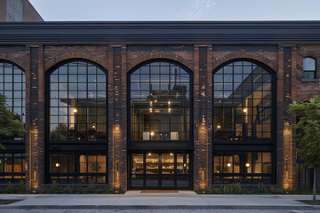 Obraz premium Facade of a modern building with large windows in the evening