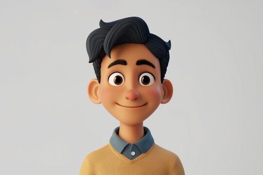 Smiling funny Indian cartoon character adult man male person portrait wearing yellow sweater in 3d style design on light background. Human people feelings expression concept