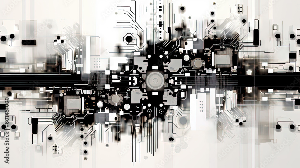 Poster abstract circuit board concept with black track lines on white background.
