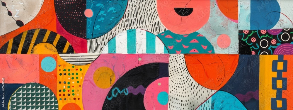 Poster a playful abstract composition featuring whimsical shapes and patterns.