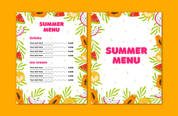 Orange green brochure, summer menu template with sample text,vector illustration of hand draw tropical leaves.Illustration of fruits,watermelon, orange, dragon fruit and papaya. Copy space.