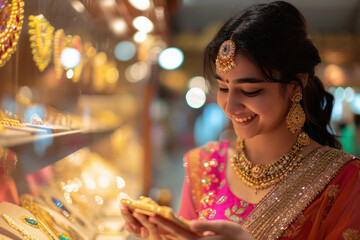 Young indian woman looking and touching jewelery at shop