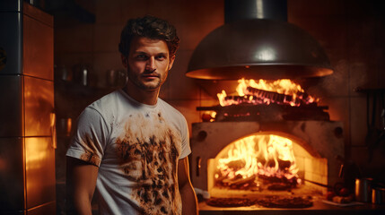 Pizza maker, restaurant chef takes pizza out of the oven, from an oven with real fire in a traditional restaurant. - Powered by Adobe