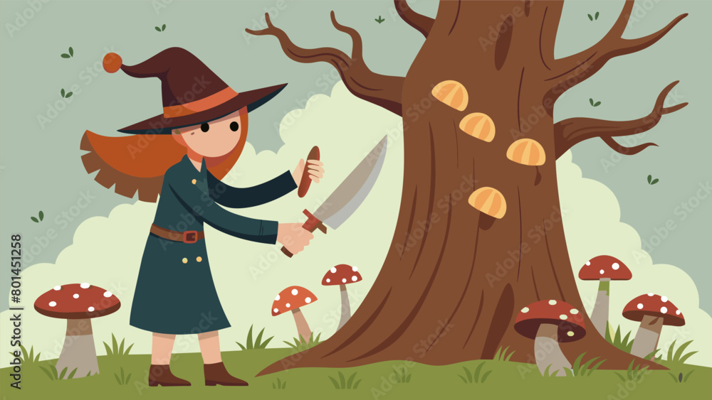 Aufkleber with a rusted knife the witch scs the bark of a twisted tree gathering fungi and mushrooms to add to