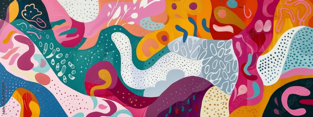 Poster a playful abstract composition featuring whimsical shapes and patterns.